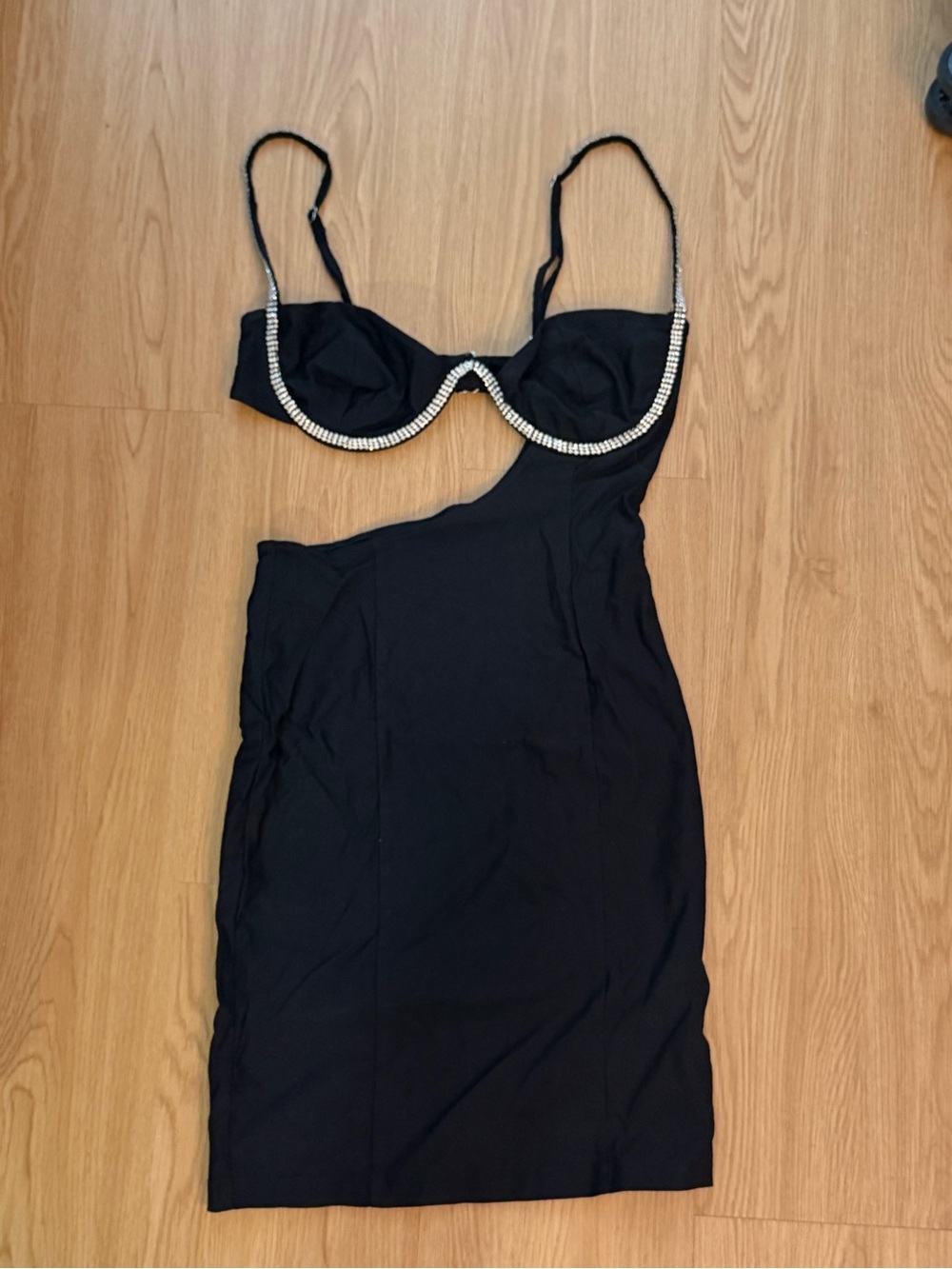 White Fox Boutique Black Mini Dress with Rhinestone Trim